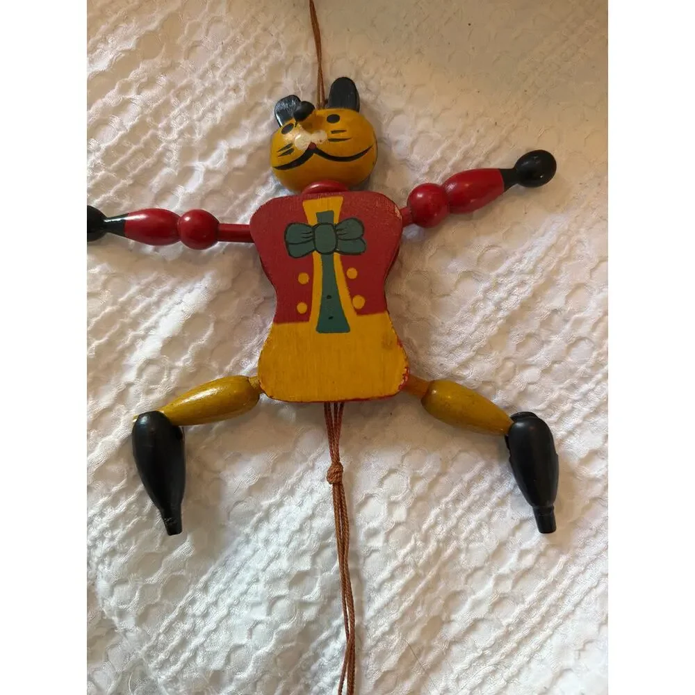 Vintage Wooden Jumping Jack Cat Pull String Hand Painted Folk Art Toy 7